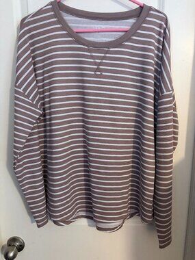 Maurices 24/7 Striped Top- Taupe/Mauve- XL